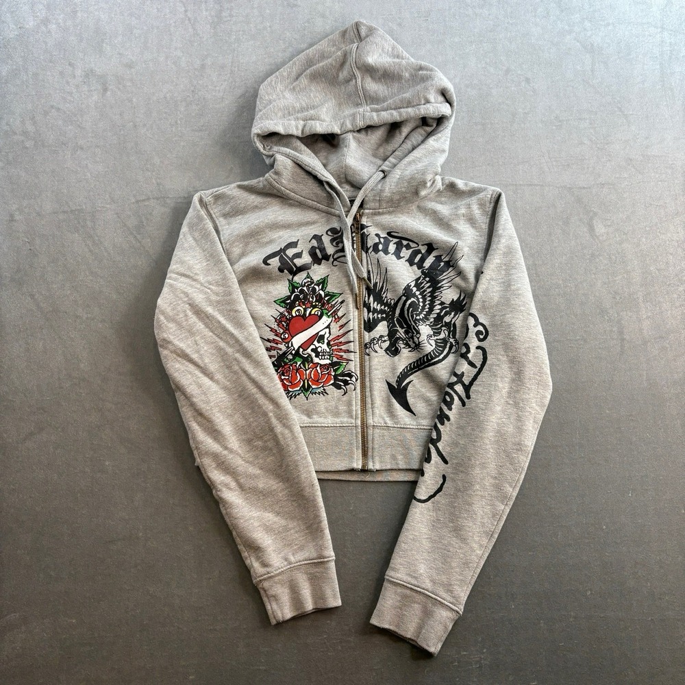 Ed Hardy Womens Grey Dragon Graphic Cropped Zip Up Hoodie Tattoo Art Size XL Y2K